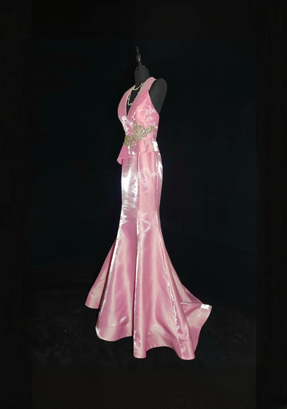 Vintage 1950s Mermaid V Neck Pink With Gold Lace Sleeveless Long Prom Dresses High School Senior Graduation Dance Evening Outfits AS033