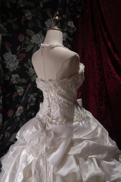 Vintage 80s Ball Gown Strapless Lace White With Appliqued Long Autumn Brides Gown Bridal Dress Wedding Dresses RB8058
