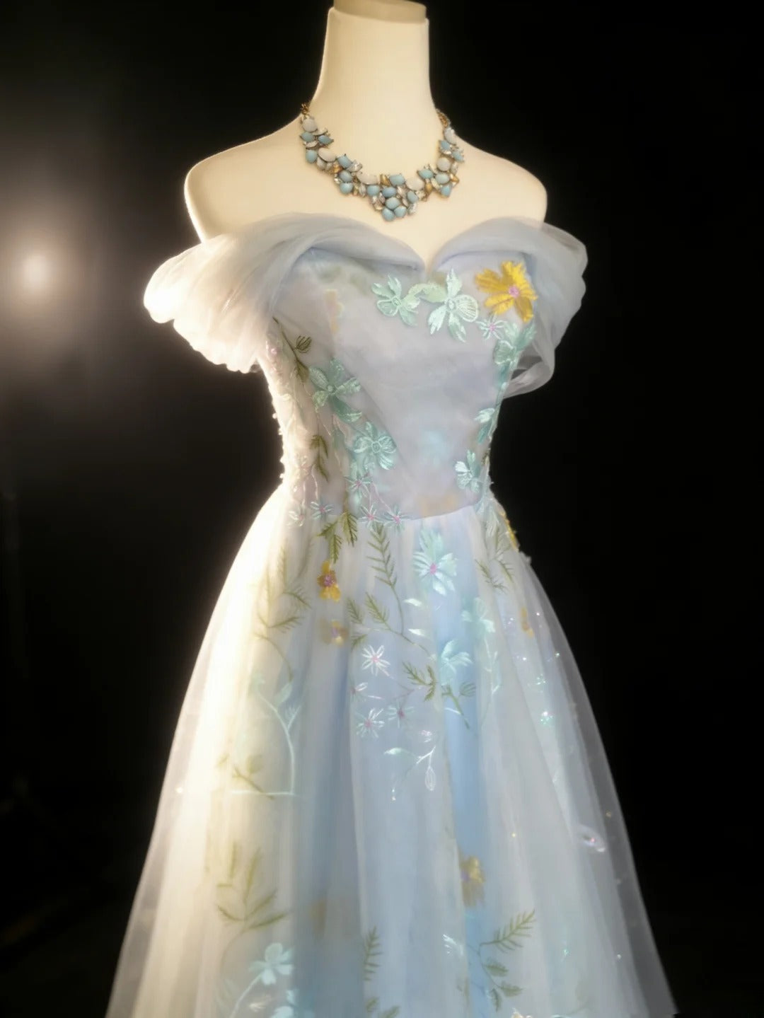 Vintage 90s A Line Off The Shoulder Light Sky Blue Floral Tulle For Women Long Prom Dresses 21st Birthday Outfits AS033