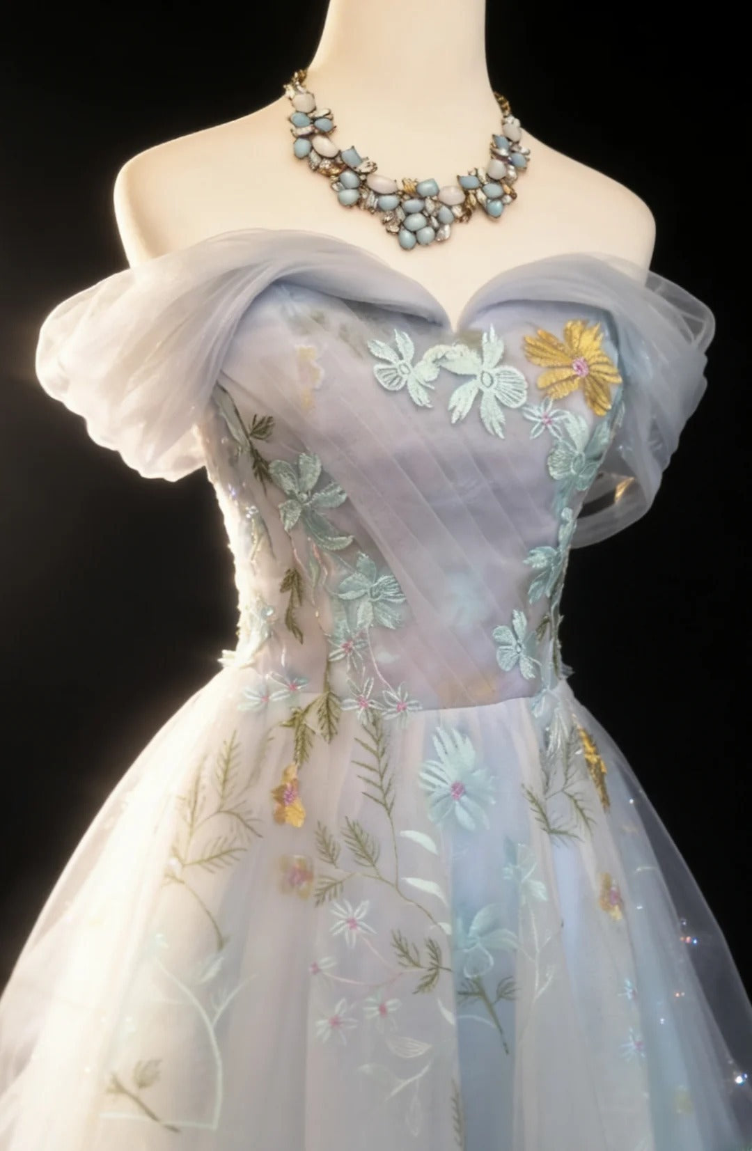 Vintage 90s A Line Off The Shoulder Light Sky Blue Floral Tulle For Women Long Prom Dresses 21st Birthday Outfits AS033