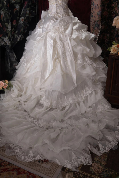Vintage 80s Ball Gown Strapless Lace White With Appliqued Long Autumn Brides Gown Bridal Dress Wedding Dresses RB8058