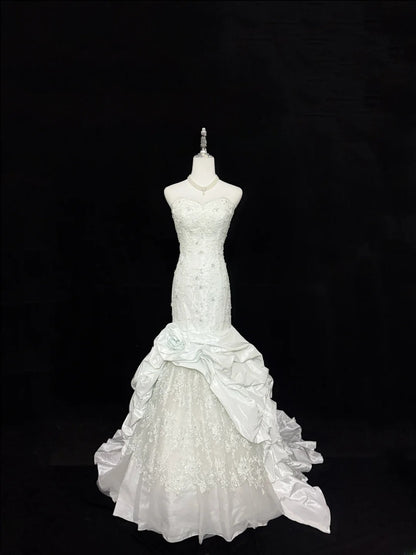 Vintage Mermaid Sweetheart White Taffeta With Beading Lace Long Brides Gown Bridal Dress Wedding Dresses Style RB7404