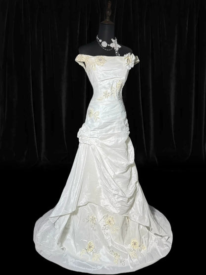 Simple Mermaid Off The Shoulder With Short Sleeves White Lace Tiered Long Vintage Fitted 1920s Wedding Dresses AS033