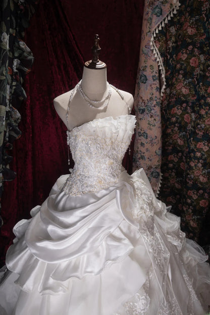 Vintage 80s Ball Gown Strapless Lace White With Appliqued Long Autumn Brides Gown Bridal Dress Wedding Dresses RB8058