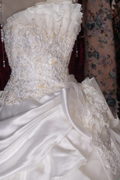 Vintage 80s Ball Gown Strapless Lace White With Appliqued Long Autumn Brides Gown Bridal Dress Wedding Dresses RB8058