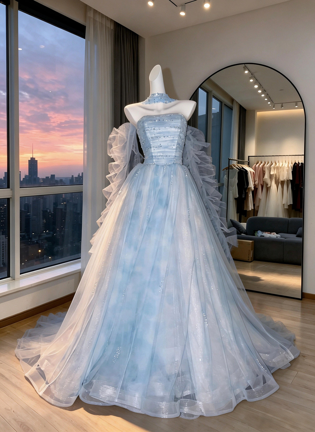 Pretty Quinceanera Dress Ball Gown Strapless Light Sky Blue With Beading 15th Birthday Party Outfit RC0993