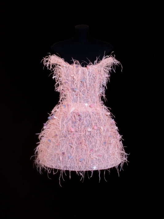 Aesthetic Ball Gown Short Prom Dress Feathers 16th Birthday Dress Homecoming Dresses Cocktail Gown SA034