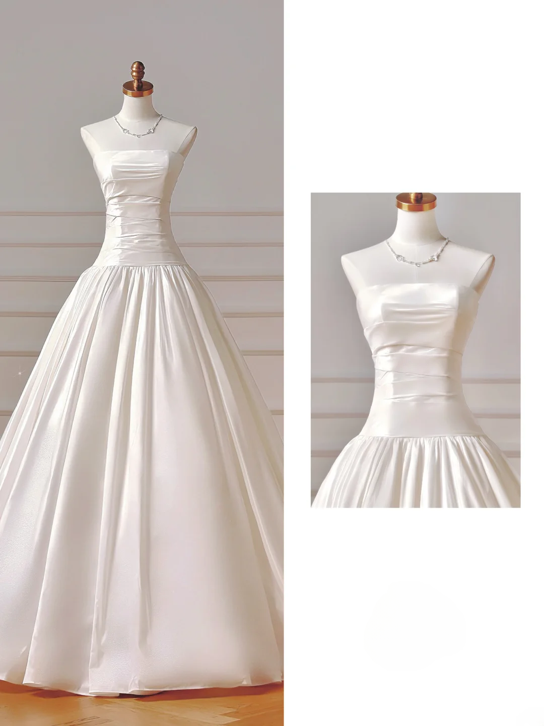 Simple Wedding Dresses Ball Gown Strapless Satin Drop Waist Pleated Wedding Dress Style For Brides Fitted Long Bridal Gowns AQ034