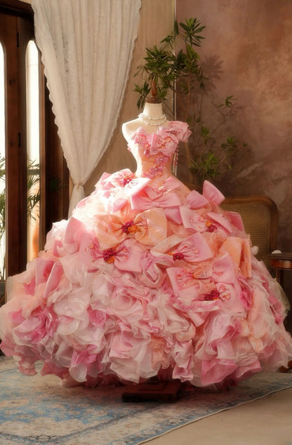 Tulle Ball Gown Quinceanera Dress 3D Bow-knot Pink One Shoulder Sweet 15 Formal Gown RB9028