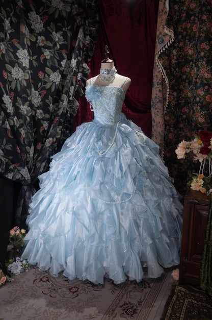 Sweet Ball Gown Spaghetti Straps Blue Chiffon Lace With Ruffled Appliqued Long Quince Dress Quinceanera Dresses Formal Birthday Outfits RB8059