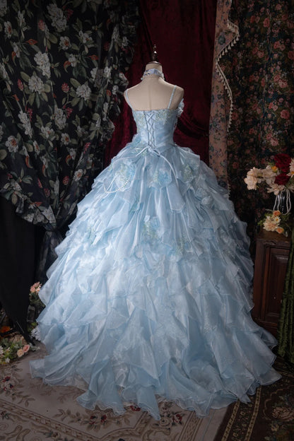 Sweet Ball Gown Spaghetti Straps Blue Chiffon Lace With Ruffled Appliqued Long Quince Dress Quinceanera Dresses Formal Birthday Outfits RB8059