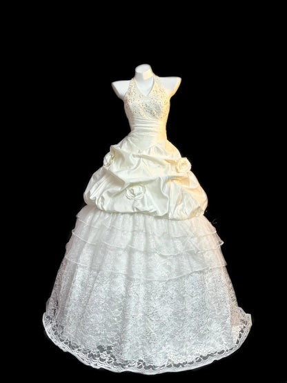 Vintage Ball Gowns Halter Satin 3d Flower White Lace With Beading Long Wedding Dresses RB3440