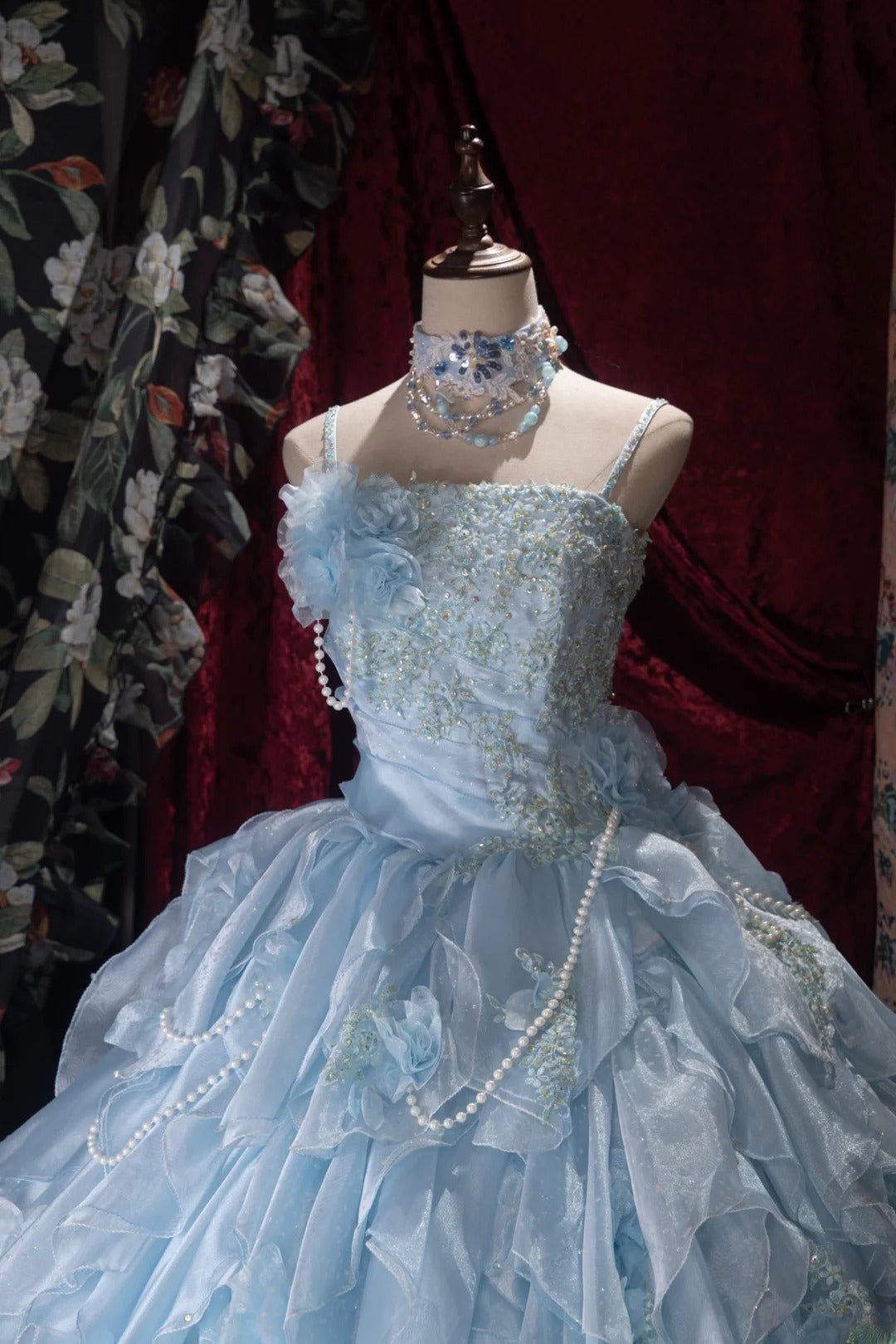 Sweet Ball Gown Spaghetti Straps Blue Chiffon Lace With Ruffled Appliqued Long Quince Dress Quinceanera Dresses Formal Birthday Outfits RB8059