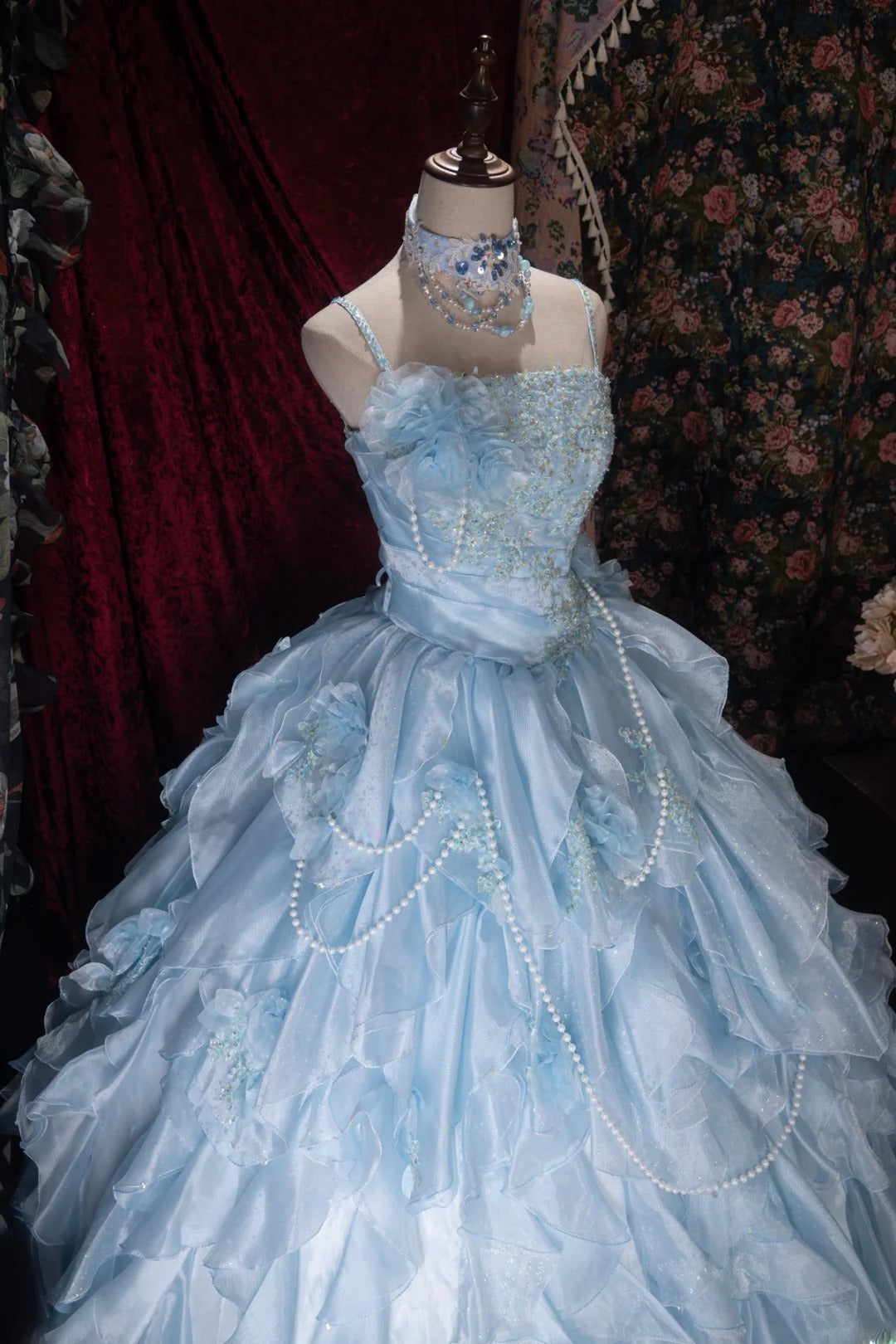 Sweet Ball Gown Spaghetti Straps Blue Chiffon Lace With Ruffled Appliqued Long Quince Dress Quinceanera Dresses Formal Birthday Outfits RB8059