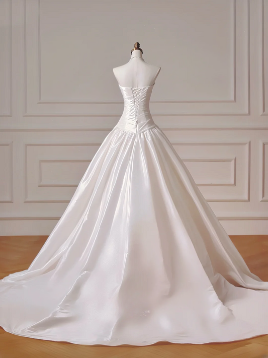 Simple Wedding Dresses Ball Gown Strapless Satin Drop Waist Pleated Wedding Dress Style For Brides Fitted Long Bridal Gowns AQ034