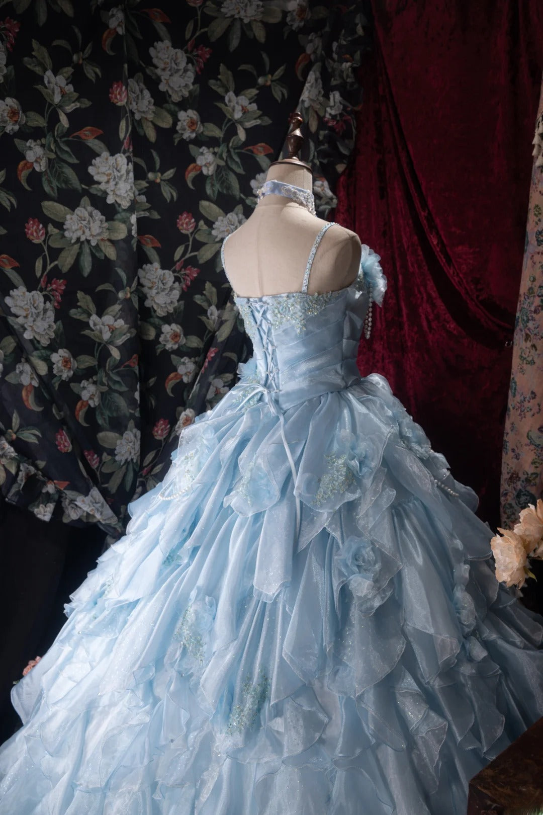 Sweet Ball Gown Spaghetti Straps Blue Chiffon Lace With Ruffled Appliqued Long Quince Dress Quinceanera Dresses Formal Birthday Outfits RB8059