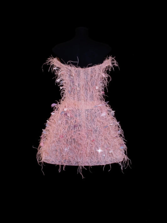 Aesthetic Ball Gown Short Prom Dress Feathers 16th Birthday Dress Homecoming Dresses Cocktail Gown SA034