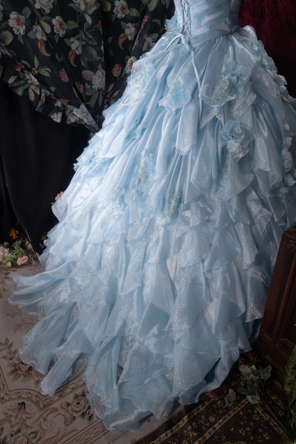 Sweet Ball Gown Spaghetti Straps Blue Chiffon Lace With Ruffled Appliqued Long Quince Dress Quinceanera Dresses Formal Birthday Outfits RB8059