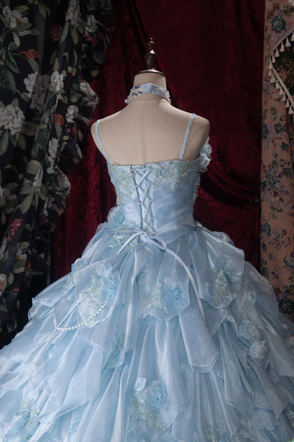 Sweet Ball Gown Spaghetti Straps Blue Chiffon Lace With Ruffled Appliqued Long Quince Dress Quinceanera Dresses Formal Birthday Outfits RB8059