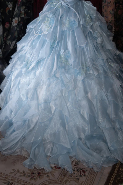 Sweet Ball Gown Spaghetti Straps Blue Chiffon Lace With Ruffled Appliqued Long Quince Dress Quinceanera Dresses Formal Birthday Outfits RB8059