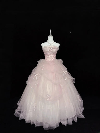 Fairy-tale Ball Gown Strapless Pink With Ruffled Lace Quince Dress Voluminous Sweet 16 Sweet Sixteen Outfits Vestido de RB7406