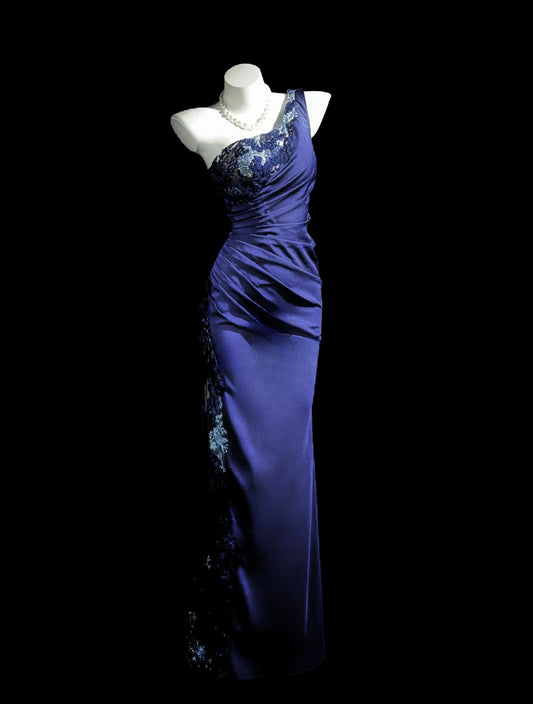 Classy Prom Dresses Mermaid One Shoulder Purple Satin With Lace Sleeveless Evening Dress Formal Outfits RB5843