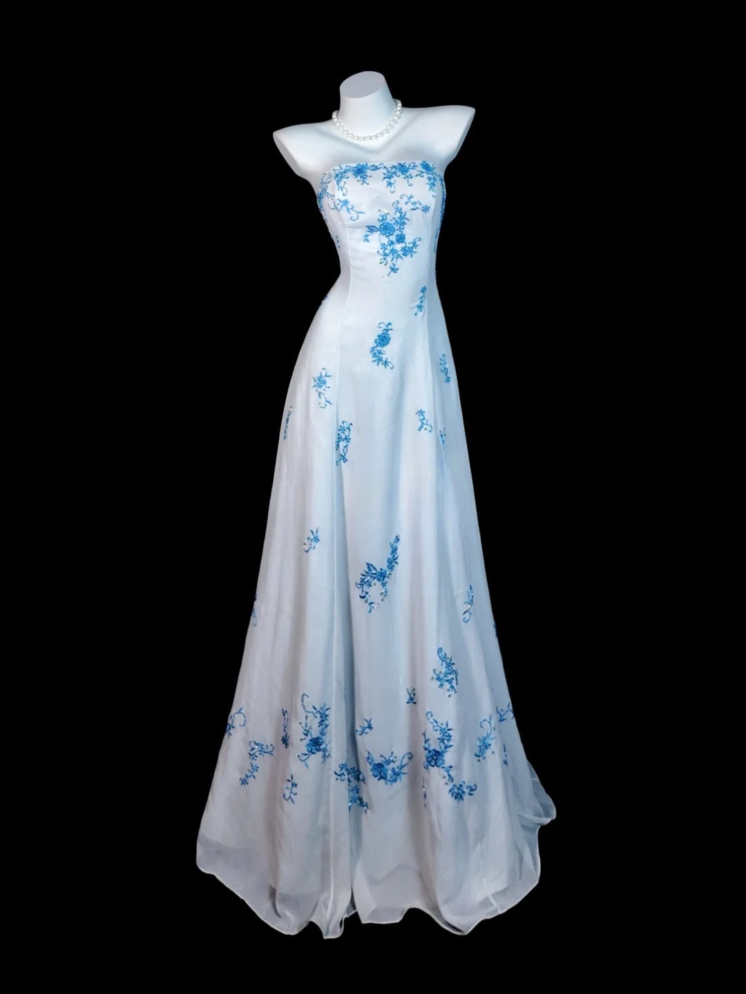 White Prom Dress A line Strapless With Blue Appliques Modest Formal Party Gown RB9837