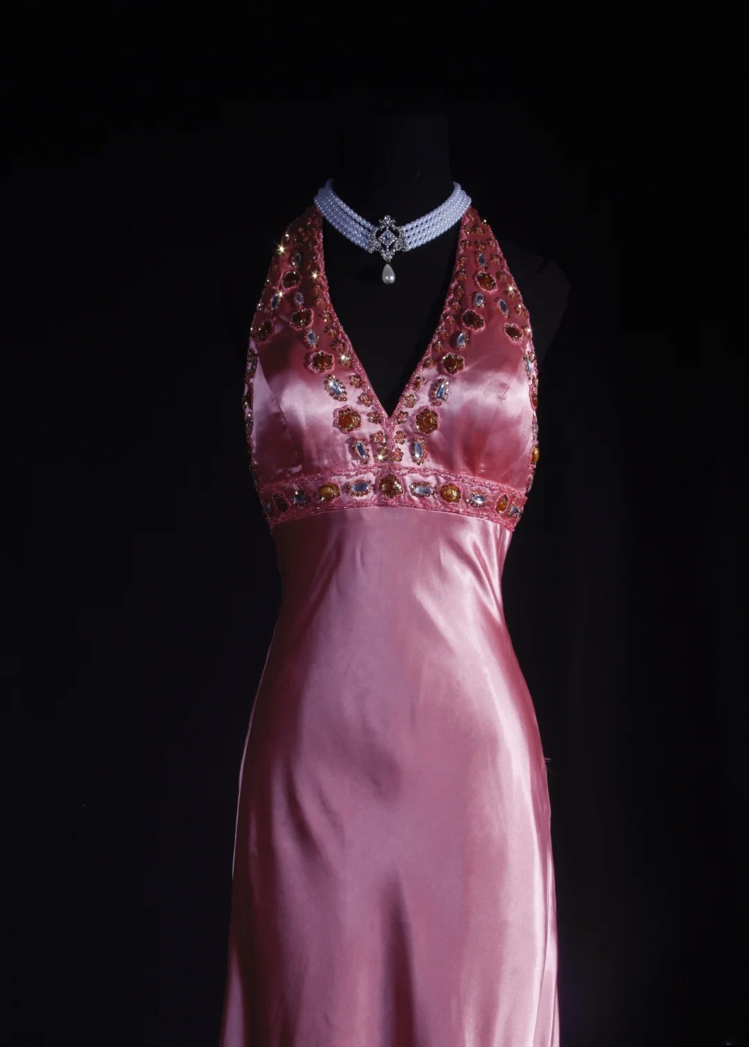 Vintage 90s Prom Dresses Women A line Halter Pink Silk Satin With Beaded Formal Dance Evening Party Gowns AS035