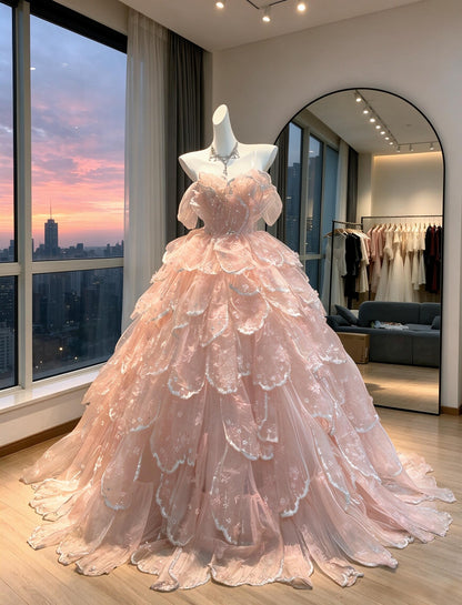 Fairy Quinceanera Dress Ball Gown Sweetheart Pink With Layers Tiered 16th Birthday Party Outfit RC0994