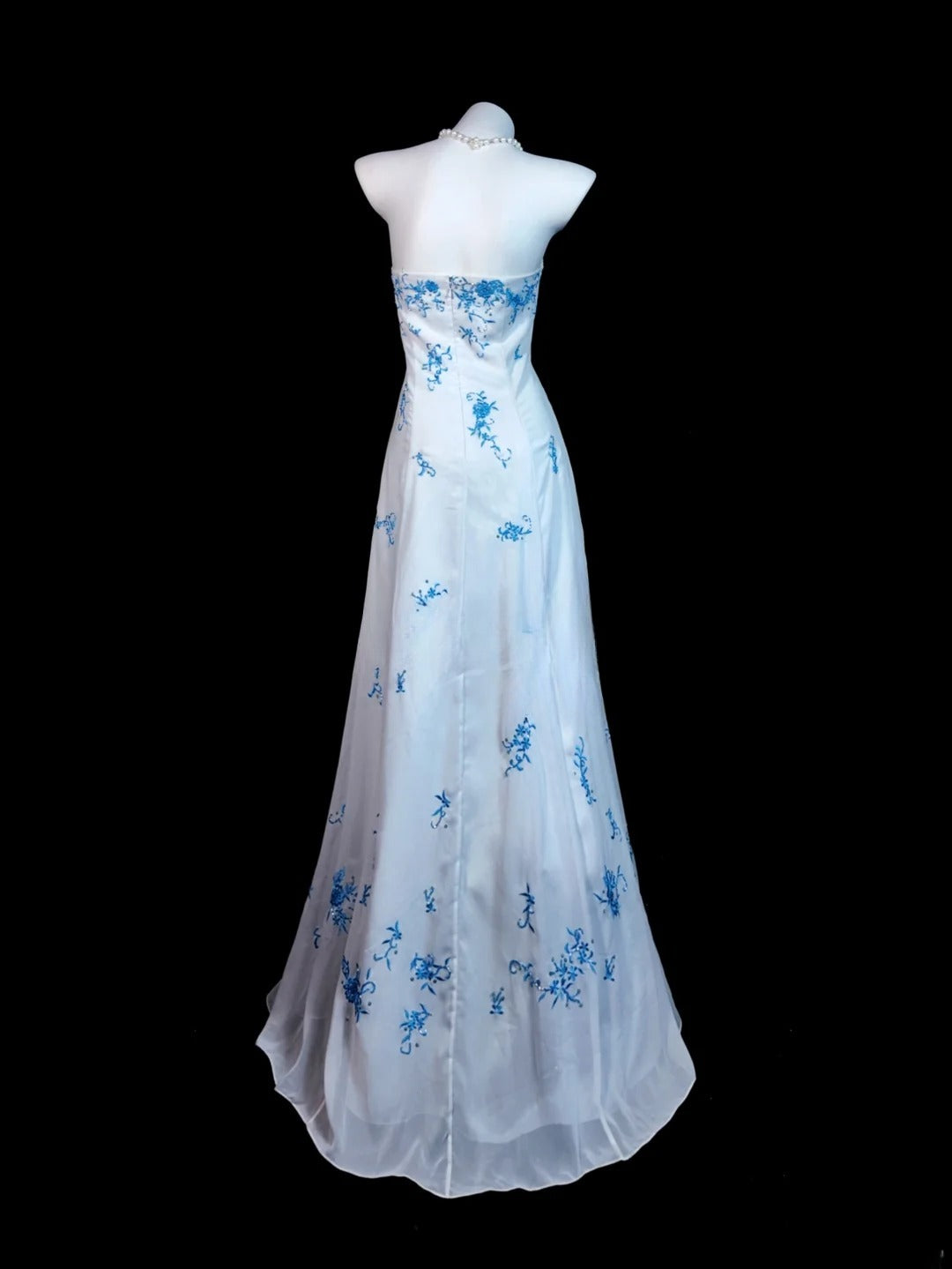 White Prom Dress A line Strapless With Blue Appliques Modest Formal Party Gown RB9837
