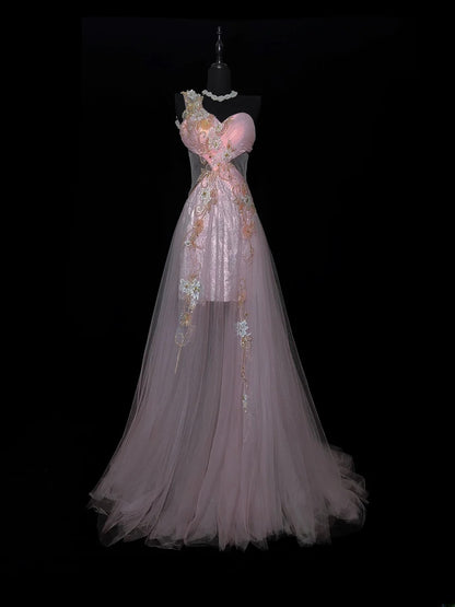 Modest A line One Shoulder Dusty Lilac Tulle Applique Evening Dresses High School Teens Senior Night Dance Prom Dress AS035
