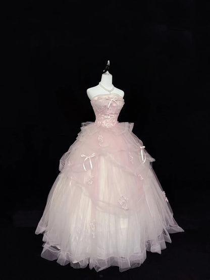 Fairy-tale Ball Gown Strapless Pink With Ruffled Lace Quince Dress Voluminous Sweet 16 Sweet Sixteen Outfits Vestido de RB7406