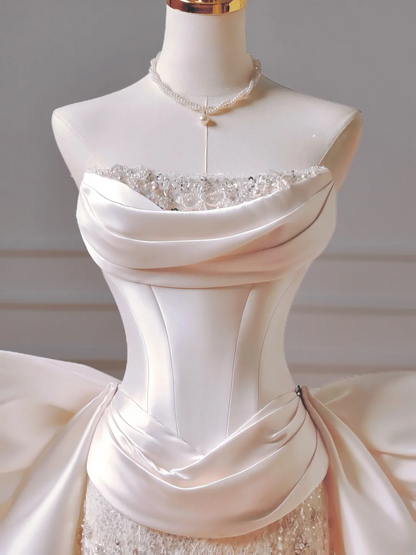 Timeless Wedding Dresses Sheath Strapless Satin Drop Waist Pleated Bow-knot Dress Style For Brides With Pleated Fitted Long Bridal Gowns AQ035
