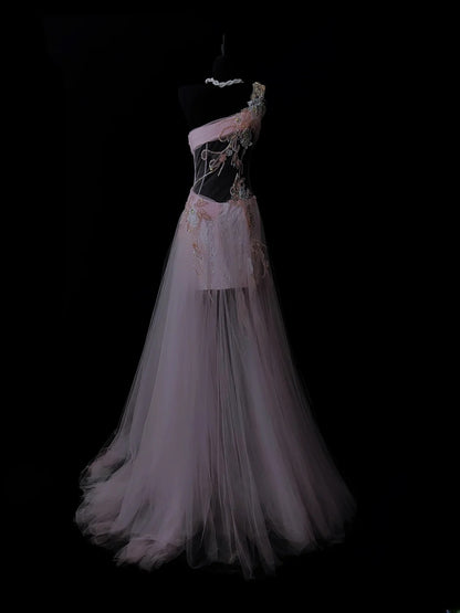 Modest A line One Shoulder Dusty Lilac Tulle Applique Evening Dresses High School Teens Senior Night Dance Prom Dress AS035