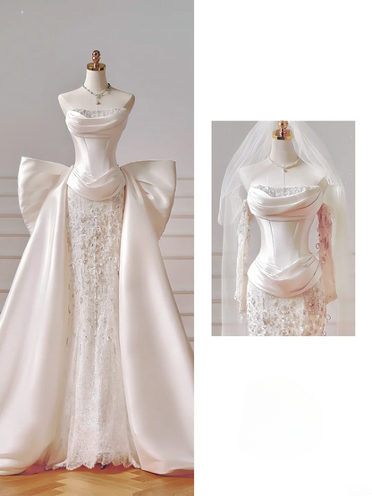 Timeless Wedding Dresses Sheath Strapless Satin Drop Waist Pleated Bow-knot Dress Style For Brides With Pleated Fitted Long Bridal Gowns AQ035