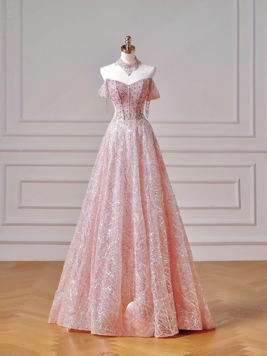 Modest Prom Dresses Aesthetic Ball Gown Off The Shoulder Pink Sequin Corset Fitted Impress Long Party Formal Gown For Teens High Schools Girls AQ036