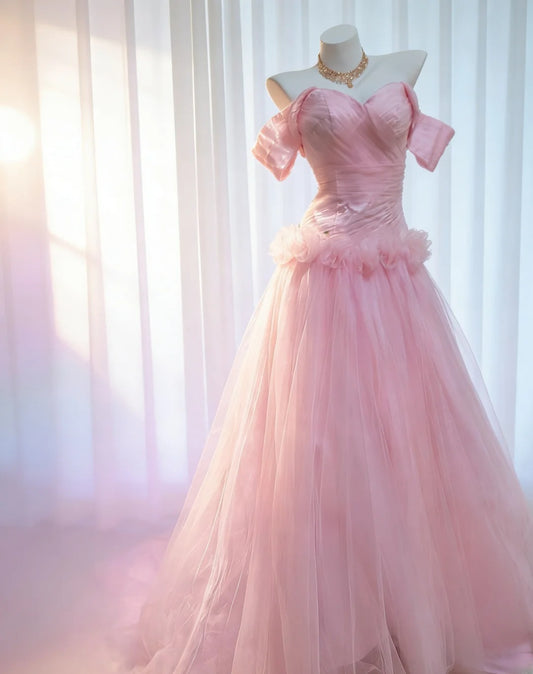 Vintage 90s Mermaid Off The Shoulder Pink Tulle For Women Party Dresses Long Prom Dress Birthday Gowns AS036