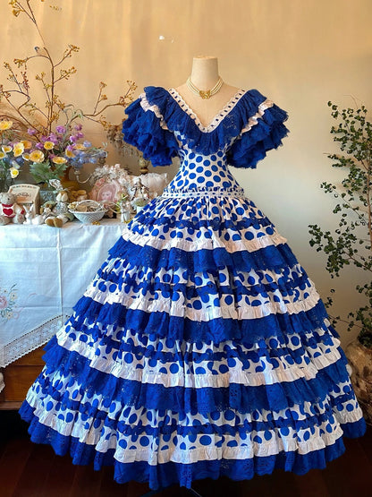 V Neck Royal Blue Polka Dots Quinceanera Dress With Tiered Ruffles Sweet 15 Birthday Gown RB9030