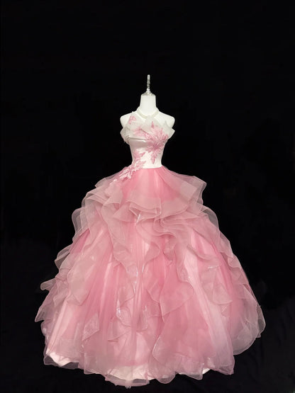 Fairy-tale Ball Gown Strapless Pink With Tiered Layers Lace Quince Dress Voluminous Sweet 16 Sweet Sixteen Outfits Vestido de RB7407