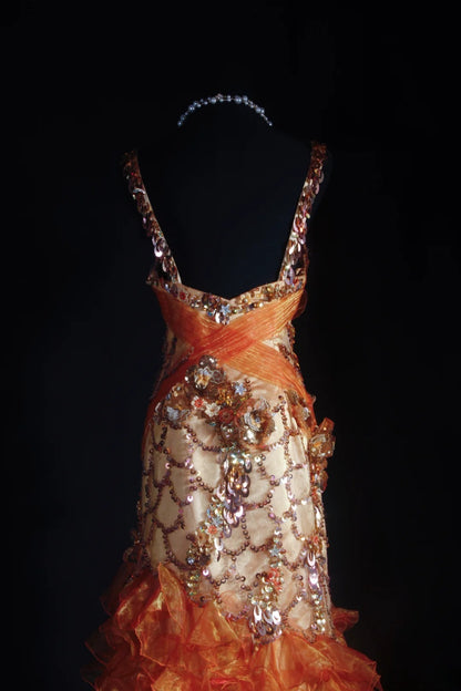 Vintage Prom Dresses 90s Formal Mermaid V Neck Orange Tiered With Beadings Long Party Gowns Prom Dresses AS036