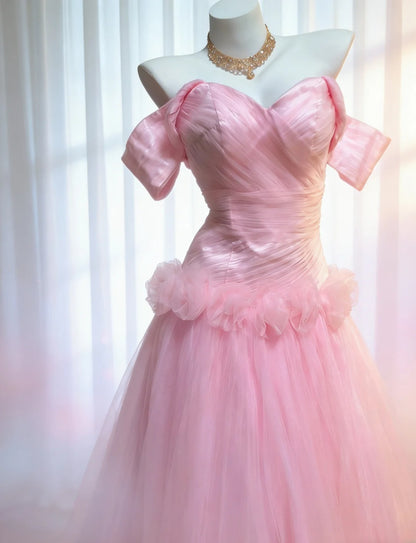 Vintage 90s Mermaid Off The Shoulder Pink Tulle For Women Party Dresses Long Prom Dress Birthday Gowns AS036