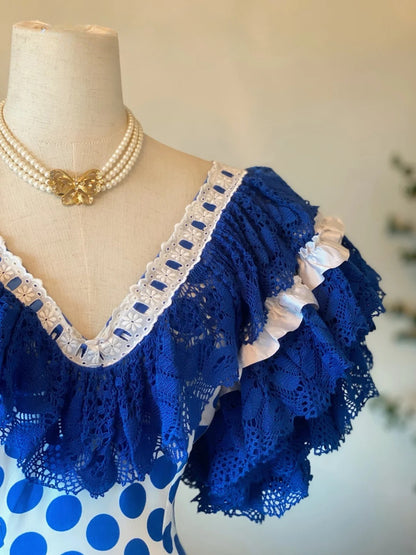 V Neck Royal Blue Polka Dots Quinceanera Dress With Tiered Ruffles Sweet 15 Birthday Gown RB9030