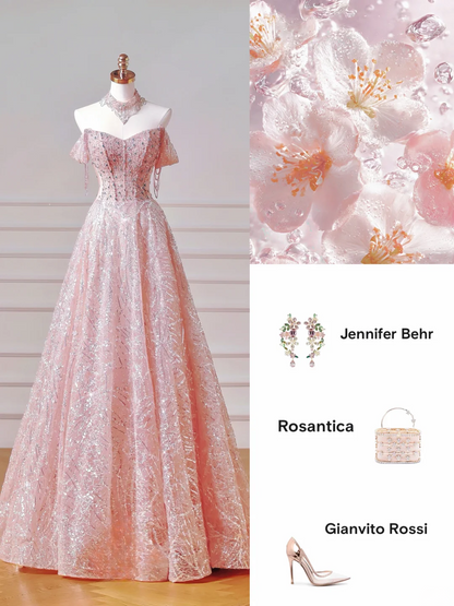 Modest Prom Dresses Aesthetic Ball Gown Off The Shoulder Pink Sequin Corset Fitted Impress Long Party Formal Gown For Teens High Schools Girls AQ036