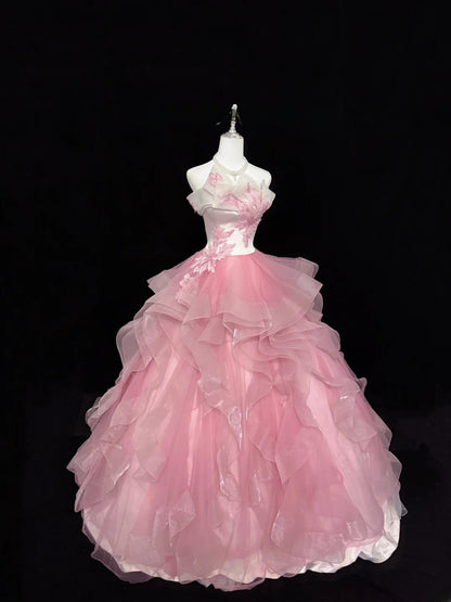 Fairy-tale Ball Gown Strapless Pink With Tiered Layers Lace Quince Dress Voluminous Sweet 16 Sweet Sixteen Outfits Vestido de RB7407