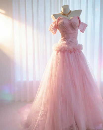 Vintage 90s Mermaid Off The Shoulder Pink Tulle For Women Party Dresses Long Prom Dress Birthday Gowns AS036