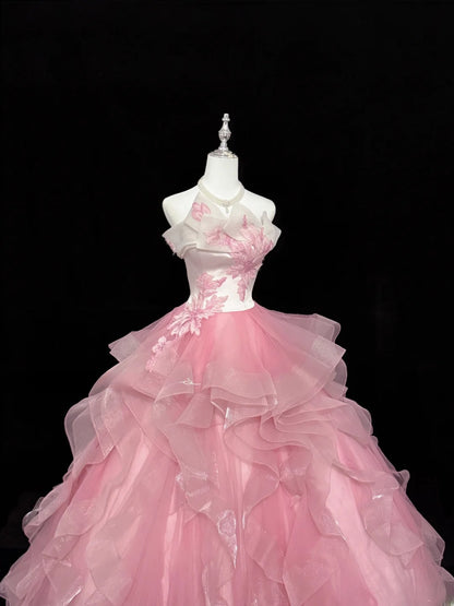 Fairy-tale Ball Gown Strapless Pink With Tiered Layers Lace Quince Dress Voluminous Sweet 16 Sweet Sixteen Outfits Vestido de RB7407