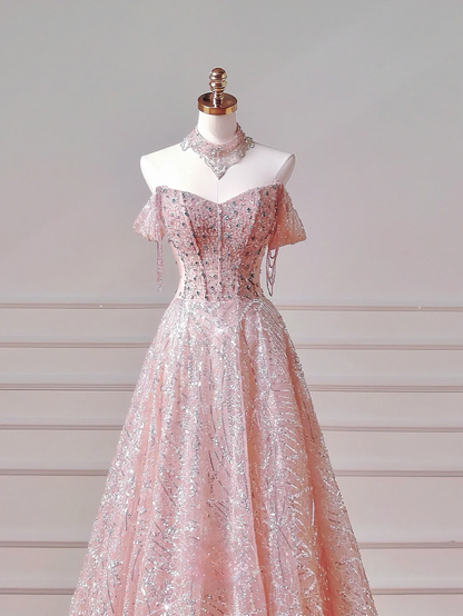 Modest Prom Dresses Aesthetic Ball Gown Off The Shoulder Pink Sequin Corset Fitted Impress Long Party Formal Gown For Teens High Schools Girls AQ036