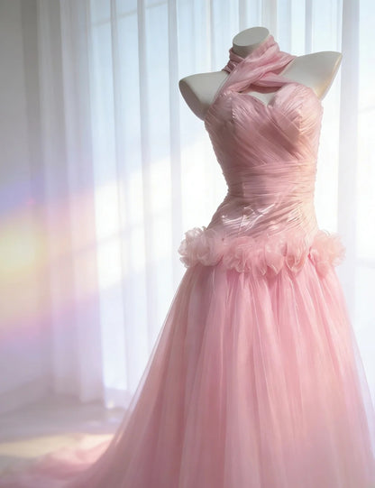 Vintage 90s Mermaid Off The Shoulder Pink Tulle For Women Party Dresses Long Prom Dress Birthday Gowns AS036