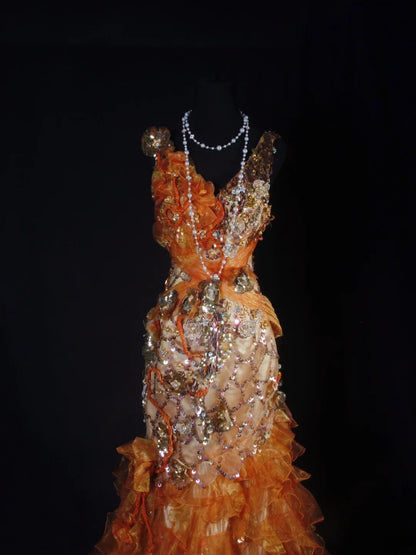 Vintage Prom Dresses 90s Formal Mermaid V Neck Orange Tiered With Beadings Long Party Gowns Prom Dresses AS036