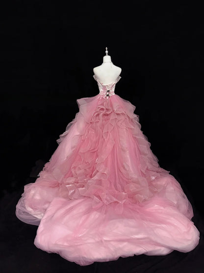 Fairy-tale Ball Gown Strapless Pink With Tiered Layers Lace Quince Dress Voluminous Sweet 16 Sweet Sixteen Outfits Vestido de RB7407